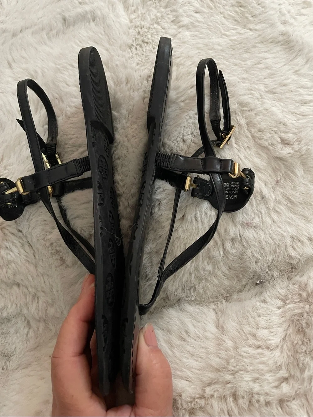 Tory Burch Black Leather Sandals with Gold Logo Medallions 6.5